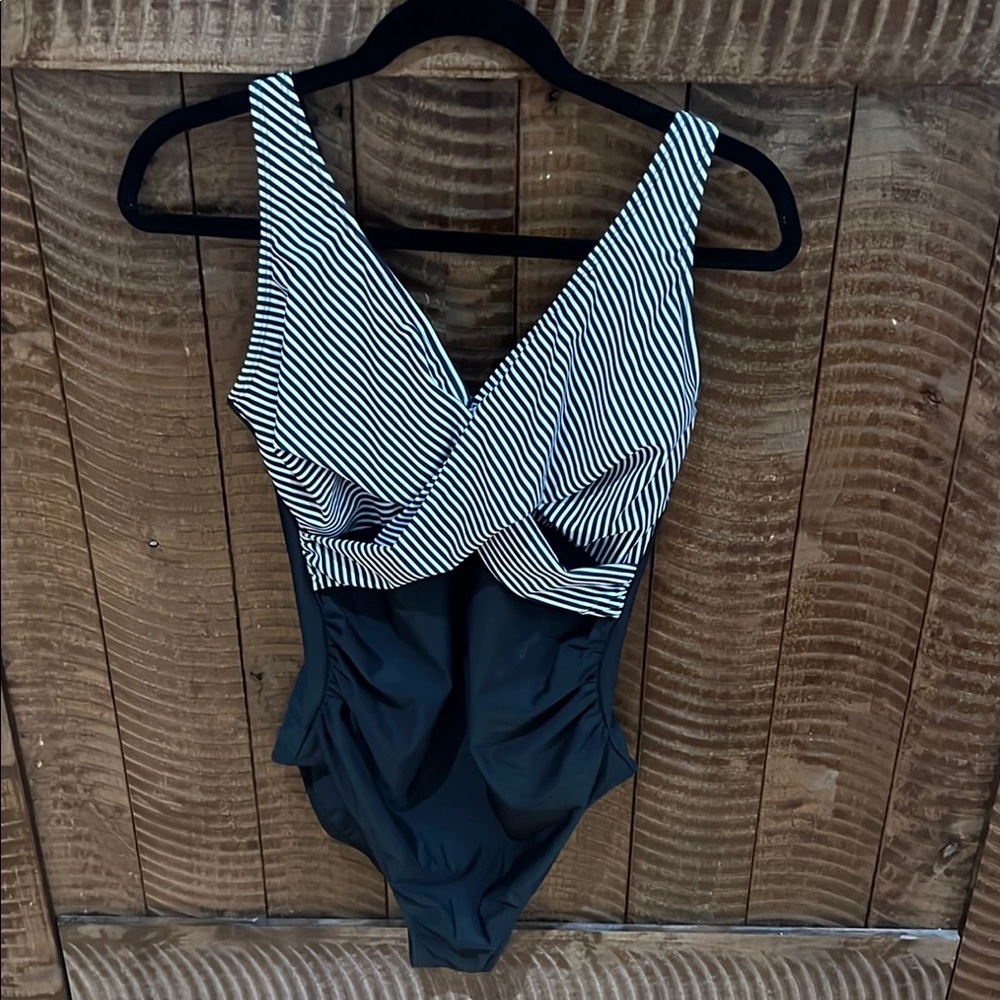 Striped Black and White MATERNITY Swimsuit - small